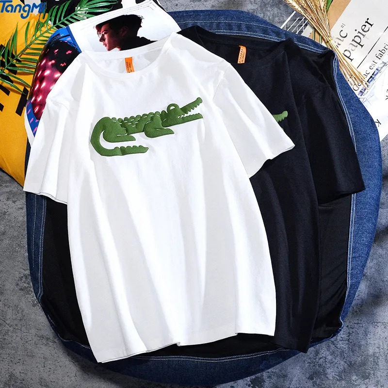 Groothandel 2021 3D Bladerdeeg Schuim Mode Goedkope T-shirt Zomer Losse T-shirt Krokodil Print Tshirt Gekamd Katoen Dier T-shirt