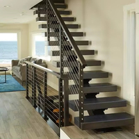 Escalier moderne en bois massif avec poutre métallique en acier inoxydable, garde-corps en câble, écologique, durable, pour hôtel et usage domestique