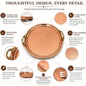 Leathervines Hammered Copper Tray 14 Inch Round With Brass Handles For Coffee <b>Table</b> Decorative Serving Tray - Product Image 3