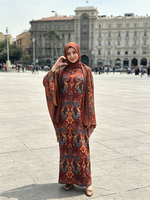 Ensemble Abaya Bohème Imprimé en Lin à Manches Chauve-Souris 2 Pièces, Robe Longue Ethnique Musulmane avec Hijab Assorti, Vêtements Islamiques d'Été pour Femmes de Dubaï