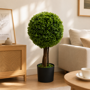 Plante artificielle sphérique en pot, style topiaire, avec tronc en bois et base lestée, matériaux naturels mixtes, vente en gros - Product Image 2