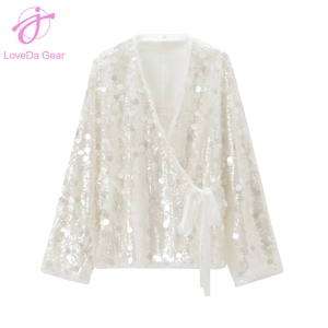 Loveda Prezzo all'Ingrosso <span class=keywords><strong>Top</strong></span> Sexy da Donna Estivo Casual a Maniche Lunghe con Laccetti Tinta Unita con <span class=keywords><strong>Paillettes</strong></span> - Product Image 3