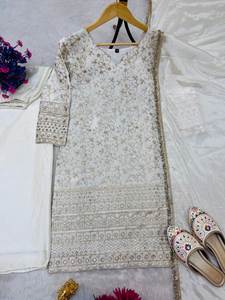 Traje Tradicional de Eid para Fiesta, de Secado Rápido, para Todas las Temporadas, Corte Regular para Mujer, Salwar Kameez de Seda Chinnon Pura, Top, Pantalón Plazzo y Dupatta - Product Image 6