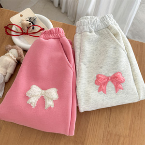 Tongxingyuan Girls Fleece Sweatpants Pink Heather Gray Bow Lucky Embroidery Autumn Winter Casual Pants - Product Image 4