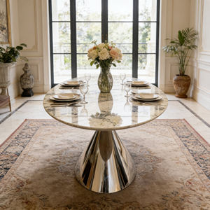 Tavolo da Pranzo di Lusso di Alta Gamma con Piano in Marmo e Base Riflettente per Casa Moderna - Product Image 4