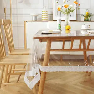 Rectángulo de comedor de plástico vintage personalizado de PVC con mantel transparente con cordones