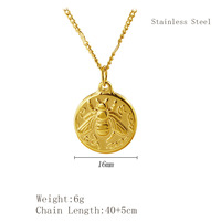 Collier de luxe pour femme plaqué or avec pendentif pièce Abeille, en acier inoxydable 316L, avec chaîne gourmette gaufrée