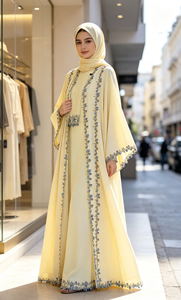 Abaya amarilla bordada, vestido musulmán de manga larga, túnica islámica tradicional, OEM, ODM, color y tela personalizados - Product Image 4