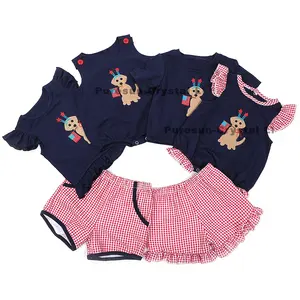 New Arrival Casual Girl's Clothing Sets 4th July Outfit With Cotton Shirt Seersucker Shorts Embroidered Puppy 2-Piece Set