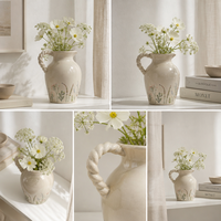 Vase en céramique vintage ARM LVG peint à la main avec des fleurs sauvages, pichet à fleurs rustique de style farmhouse avec poignée tressée pour la décoration de la table à la maison
