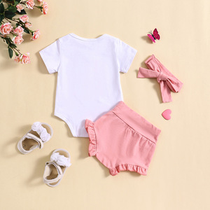 Novedad de verano, conjunto de ropa de <span class=keywords><strong>tres</strong></span> piezas informal con estampado de letras Sisters para niñas, pantalones cortos sin complicaciones con lazo - Product Image 2