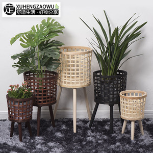Flower Pot <b>Stand</b> Set Indoor Wooden Planters Black Woven Design Three Sizes Home Office Decorative <b>Stands</b> - Product Image 5