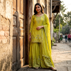 Conjunto de Salwar Kameez con Dupatta Bordada en Verde, de Seda Satén Natural, de Secado Rápido, Ropa Étnica para Mujer, Traje para Bodas y Fiestas - Product Image 1