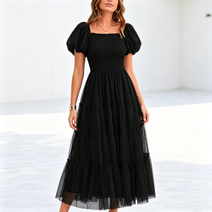 Vestido Midi <span class=keywords><strong>de</strong></span> Tul Fruncido para Mujer, Verano 2026, Manga Corta Abullonada, Cuello Cuadrado, con Volantes, para Invitadas <span class=keywords><strong>de</strong></span> <span class=keywords><strong>Boda</strong></span> y Fiestas - Product Image 2