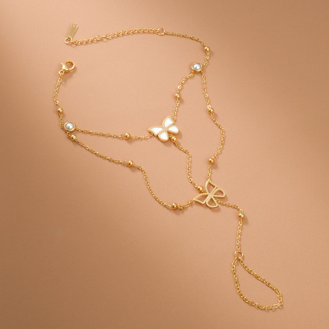 Dainty Double Butterfly Hand Harness Bracelet Stainless Steel Gold Plated Beaded Link Chain Finger Ring Bracelet Wholesale