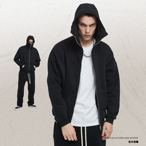 Sweat à capuche unisexe ample doublé en coton, imprimé sérigraphié, avec logo frontal personnalisé, délavé à l'acide, entièrement uni, à fermeture éclair, pour l'hiver - Product Image 6