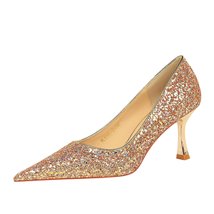 1818-3 BIGTREE Zapatos de Tacón Alto de Moda Coreana para Banquete, Tacón Metálico, Tacón Alto, Punta Puntiaguda, Tela Brillante con Lentejuelas, Modelo Individual - Product Image 1