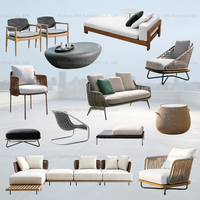 Ensemble de salon de jardin en corde tressée avec structure en aluminium, deux tailles, dossier haut et bas, table d'appoint avec plateau en marbre, pour extérieur, cour et villa