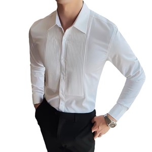 Nuova <span class=keywords><strong>camicia</strong></span> da <span class=keywords><strong>uomo</strong></span> a maniche lunghe alla moda abito plissettato alla moda alla moda Slim Fit leviga la Silhouette per le prestazioni del pranzo di nozze - Product Image 5