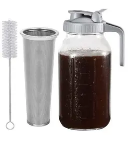 wholesale Cold Brew Coffee Maker jar 64oz Thick Glass Multipurpose Mason Pitcher Spout Lid with Stainless Steel Filter
