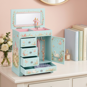 Boîte à bijoux musicale bleue Ballerine avec figurine rotative, miroir et 4 tiroirs de rangement pour bijoux pour filles - Product Image 1