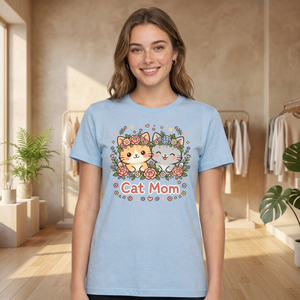 Camiseta de Manga Corta Ligera para Mujer, Cuello Redondo, con Estampado Gráfico de Gato y Flores, Informal, de Verano, Tejida - Product Image 1