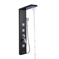 Système de douche mural en acier inoxydable brossé à poignée unique, avec jets pluie et cascade, et panneau de douche en céramique avec jets de massage