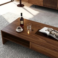 Soporte de TV de madera de nogal moderno de mediados de siglo y juego de mesa de centro con luz táctil y almacenamiento de apertura para salas de estar grandes