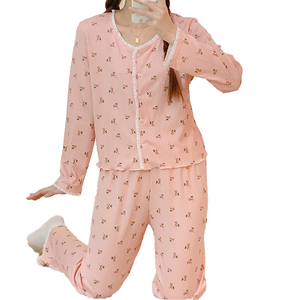 Pijamas de Invierno para Mujer al por Mayor de Fábrica, Cintura Elástica, Estampadas, 100% Algodón Orgánico, Transpirables, Conjunto de Camisón Largo de Punto - Product Image 1