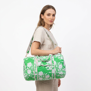 <b>Large</b> Quilted Duffle Shoulder <b>Bag</b> Zipper Eco-Friendly Sustainable Cotton Handprint Floral Design Lightweight Yoga <b>Beach</b> Shopping - Product Image 1