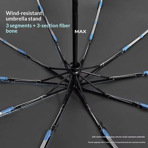 Parapluie promotionnel OEM entièrement automatique, pliable en trois sections, noir, protection UV, toutes saisons, 10 baleines, UPF 50+, 23 pouces - Product Image 2