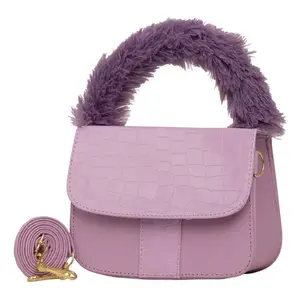 Sac bandoulière Fana Youth Lilac à motif crocodile avec garniture en fourrure et fermeture éclair 17x9 cm – Sac à main tendance pour femme - Product Image 4