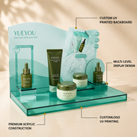 Présentoir de Comptoir Multi-Niveaux en Acrylique Transparent Teal Écologique à Montage Facile pour Soins de la Peau avec Fond Personnalisé Imprimé UV