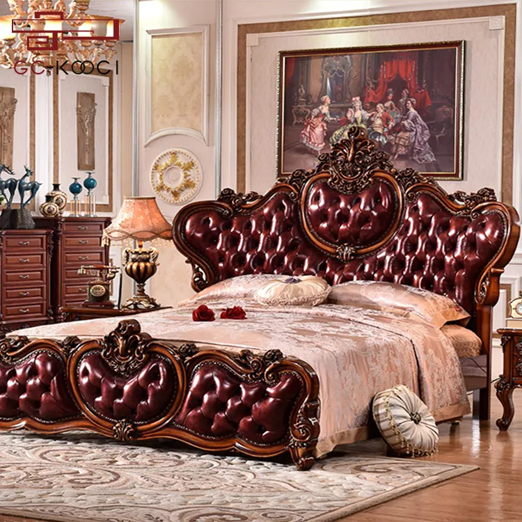 Bourgogne antique de luxe exquis sculpté en bois massif ensemble de lit de style Européen