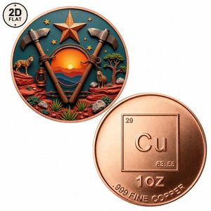 Moneda de Cobre Puro 999 de 1 Oz Personalizada, Diseño de Atardecer en el Desierto Occidental con Hacha Cruzada, Estrella y Coyotes, Moneda Conmemorativa Coleccionable - Product Image 1