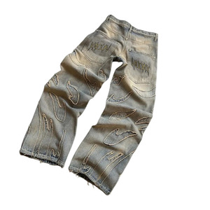 Maßgeschneiderte Herren Y2K Straight Baggy Schwarze Selvedge <span class=keywords><strong>Denim</strong></span> Jeans Gewaschen Bestickt <span class=keywords><strong>Patchwork</strong></span> Rohe Kanten Lässig Herbst Umweltfreundlich - Product Image 3