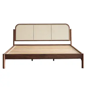 Japanese Style Rattan Solid Wood Bed