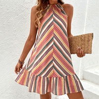 Robe rayée colorée pour femme, sans manches, à volants, mi-longue, décontractée, style vintage, pour la plage, fournisseur en gros