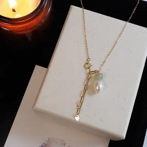 Chaîne de clavicule en or 14 carats avec jade bleu naturel Perle d'eau douce de Hotan Design simple Collier Chaînes fines pour femmes - Product Image 3