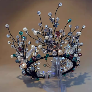 Tiara <span class=keywords><strong>de</strong></span> Corona Redonda <span class=keywords><strong>de</strong></span> Cristal y Pedrería Original Hecha a Mano, Tocado Floral Nupcial, Accesorio para el Cabello para Bodas y Espectáculos - Product Image 2