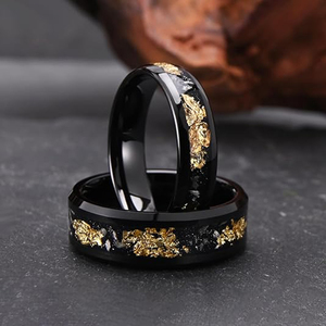8mm & 6mm Black Tungsten Carbide Wedding Promise Anel Incrustado com Gold Foil Meteorito Fragmentos para Casais Noivado Festa - Product Image 1
