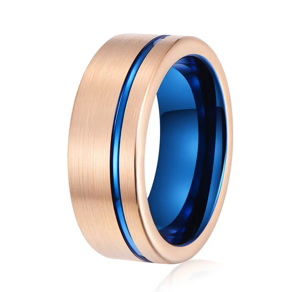 Anéis de tungstênio para homens, anéis de design personalizados de joias de 8mm, ouro rosado, com ranhuras azuis, pulseira de casamento escovado, confortável