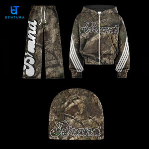 定制100% 棉迷彩拉链夹克DTG数码印花裁剪重量级水钻连帽衫和运动裤慢跑套装 - Product Image 1