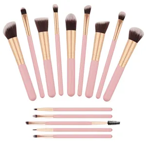 BUEYA 14pcs Premium Cosmetic Applicators with Soft Synthetic Vegan Bristles Rose Gold Pink Wood Handles Beauty Brushes Kit