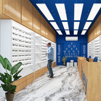 Étagère d'affichage optique LED en MDF personnalisée, élégante et luxueuse, avec un design écologique pour la décoration intérieure des magasins de lunettes