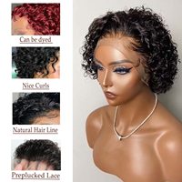 Perruque de cheveux humains 12A, coupe pixie bouclée, cuticules alignées, coupe droite, lace front 13x4, pré-épilée, ligne de cheveux naturelle, prête à être expédiée, fournisseur