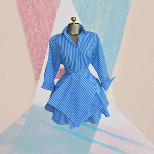 Vestido Camisero Azul a Rayas con Lazo Cruzado, Dobladillo Asimétrico, Manga Larga, Mini Vestido Casual para Primavera - Product Image 3