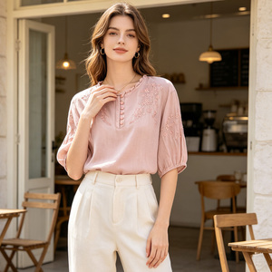 Blusa Holgada Rosa con Bordado, Manga Media, Cuello Redondo, Estilo Boho para Mujer, Camisa Casual de Verano - Product Image 2