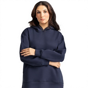 <b>Women's</b> <b>Navy</b> Blue Oversized Hooded Sweatshirt Long Sleeve Solid Knitted Pullover Casual Autumn Wear Breathable Full Length - Product Image 1