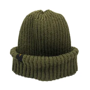 Dark green men outdoor customized winter cap beanie Woven label thicker warmer hats touques double cuff wool knit beanie